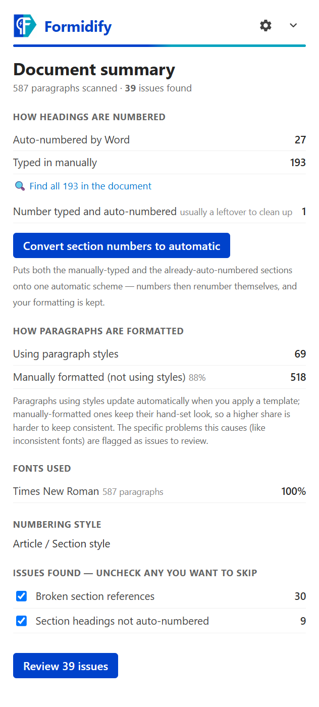 Formidify document summary screen in the Word task pane
